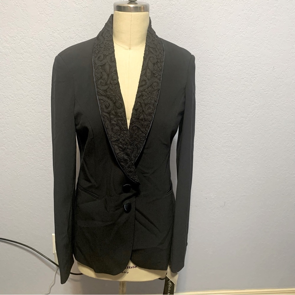 Jessica McClintock Navy Lace Two Button Long Sleeve Jacket
